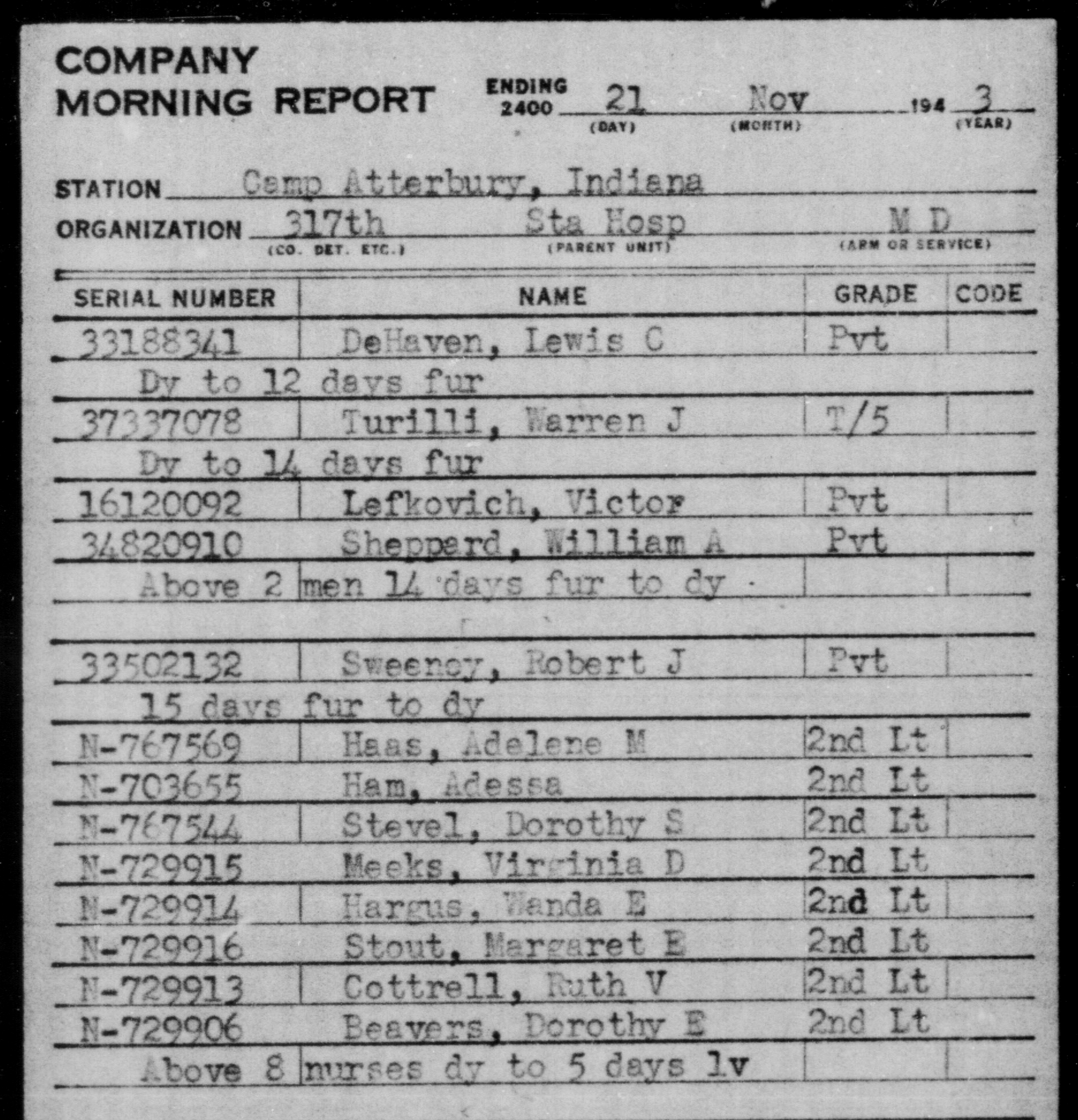 Morning report showing Margaret C Stout granted 5 days of leave on 21 Nov 1943 from Camp Atterbury in IN