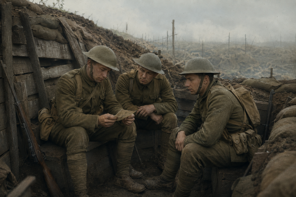 A group of three WWI soldiers sitting in a trench looking at a letter.