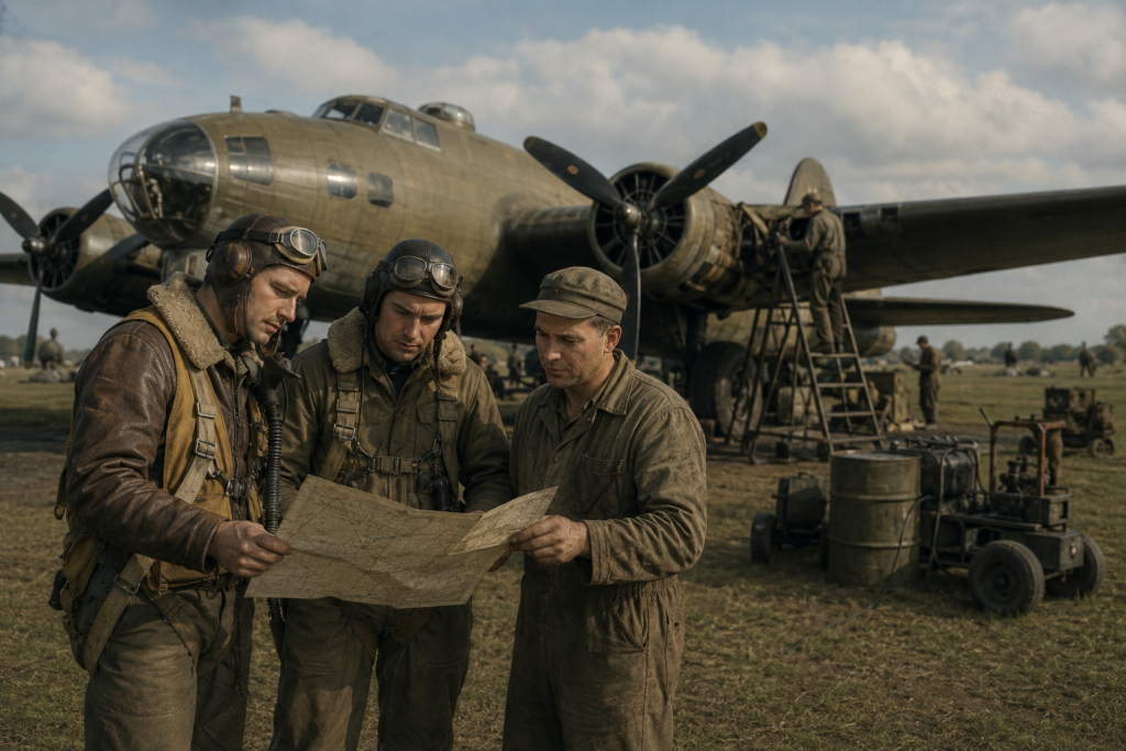 A group of three aviators in front of a plane looking at plans.