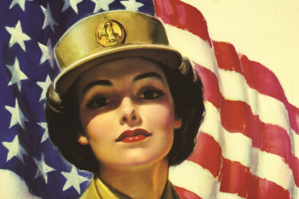 A portion of a WWII era poster showing a woman in uniform in front of the US flag