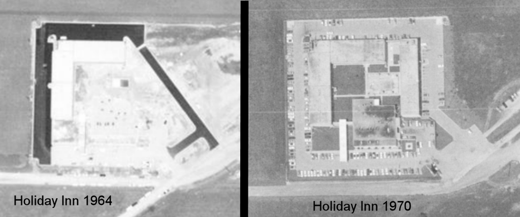 On the left is an aerial view of the original Holiday Inn hotel opened in 1964. On the right is an aerial of the same Holiday Inn as it stood in 1970.