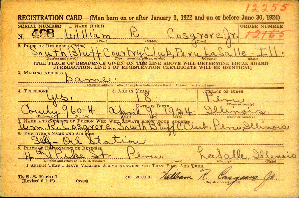 World War II Draft Card for William R. Cosgrove