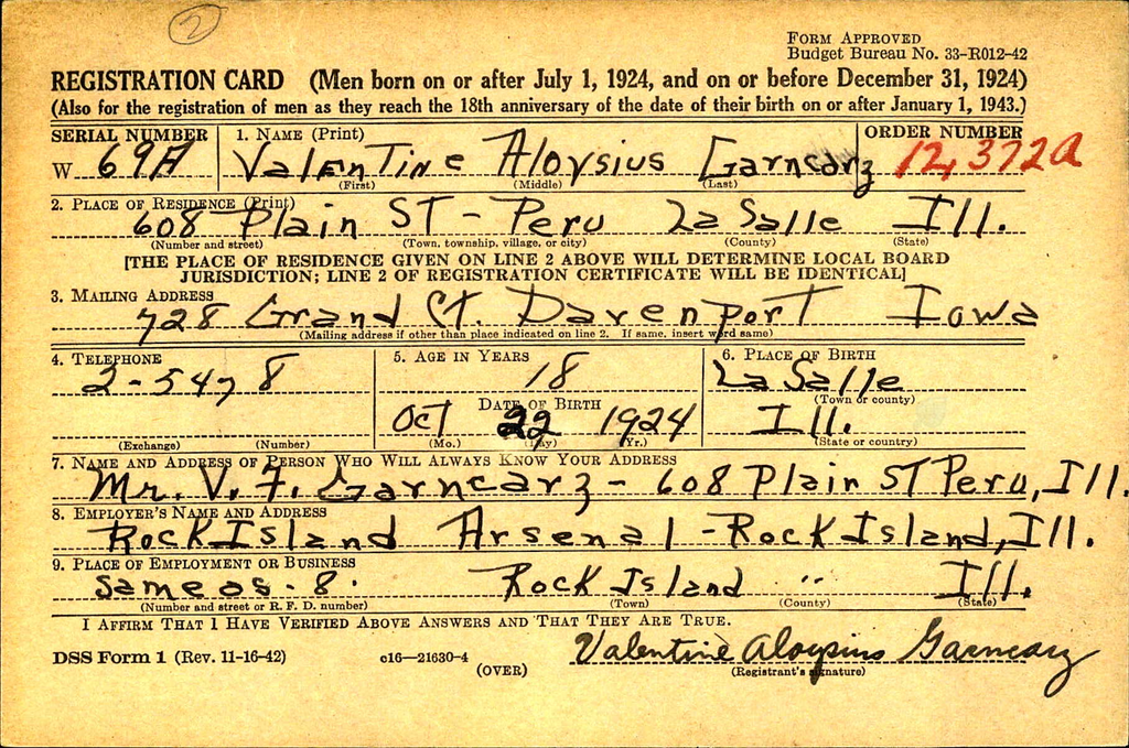 WWII Draft Registration Card for Valentine Garncarz