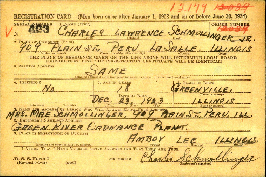 Draft Registration Card for Charles Schmollinger