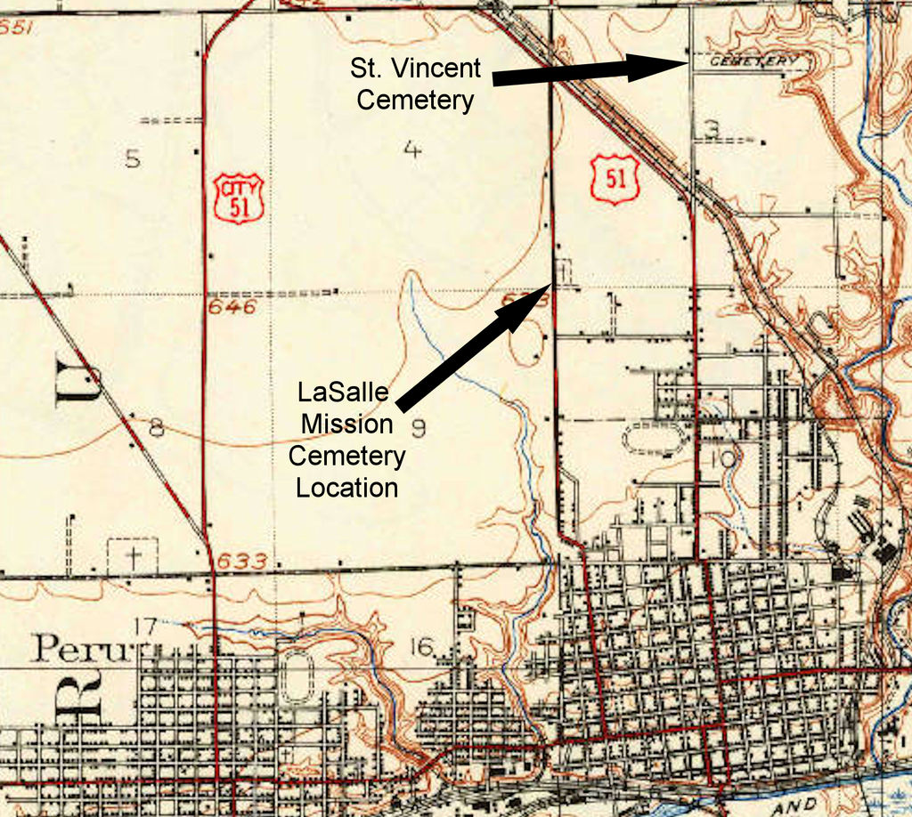 1911 USGS map showing locations of the LaSalle Mission Cemetery and St. Vincent Cemetery