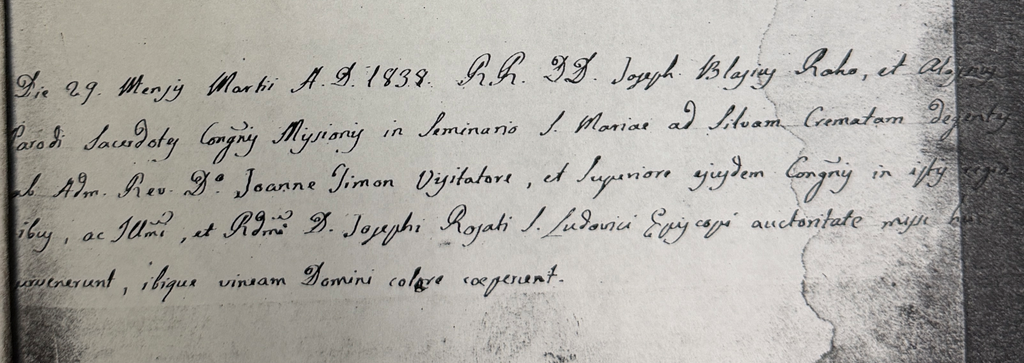 The text on the title page of the LaSalle Mission's first baptismal book showing father Raho's name as Joseph Blasius Raho