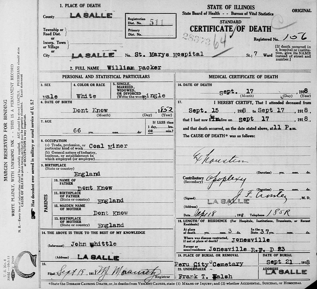 Death Certificate for William Packer who died on Sept. 17, 1918 at St. Mary's Hospital in LaSalle from Exhaustion.