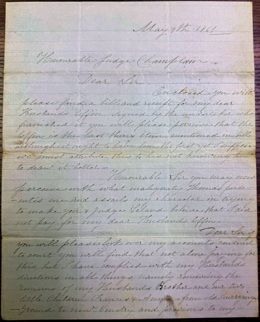 Image of the hand written letter from Bridget Halligan to Judge Champlain