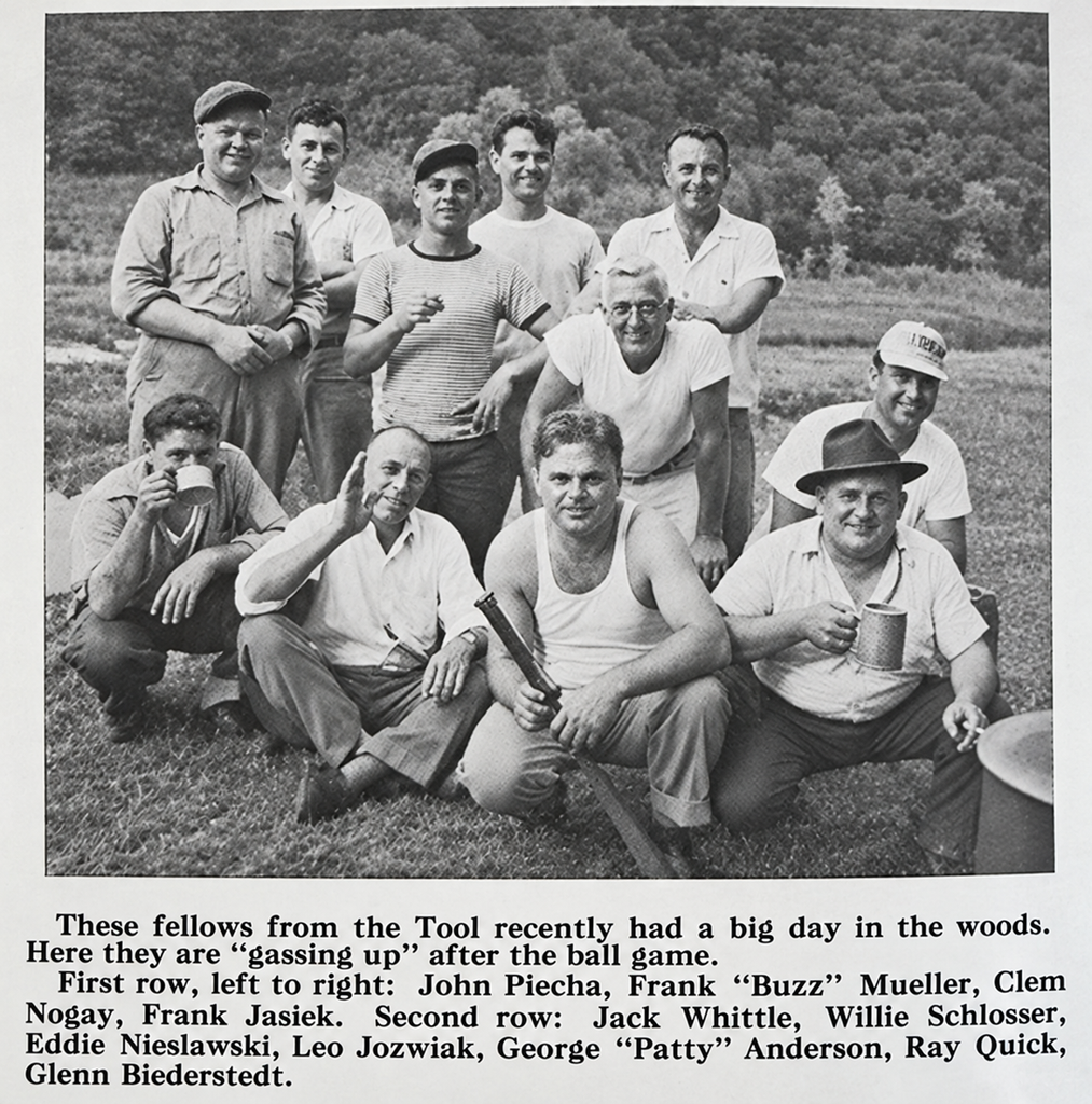 Photo of 11 men from the tool department of Westclox improved by AI to be more clear.
