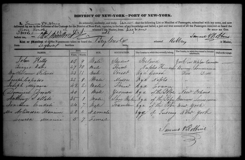 Father Joseph B. Raho is shown as "Biagio Raho" on this Ship Manifest for the SS Brig Creole dated 13 October 1834, and disembarking at the Port of New York. The manifest shows he was a priest from the Kingdom of Naples and going to Barrens.