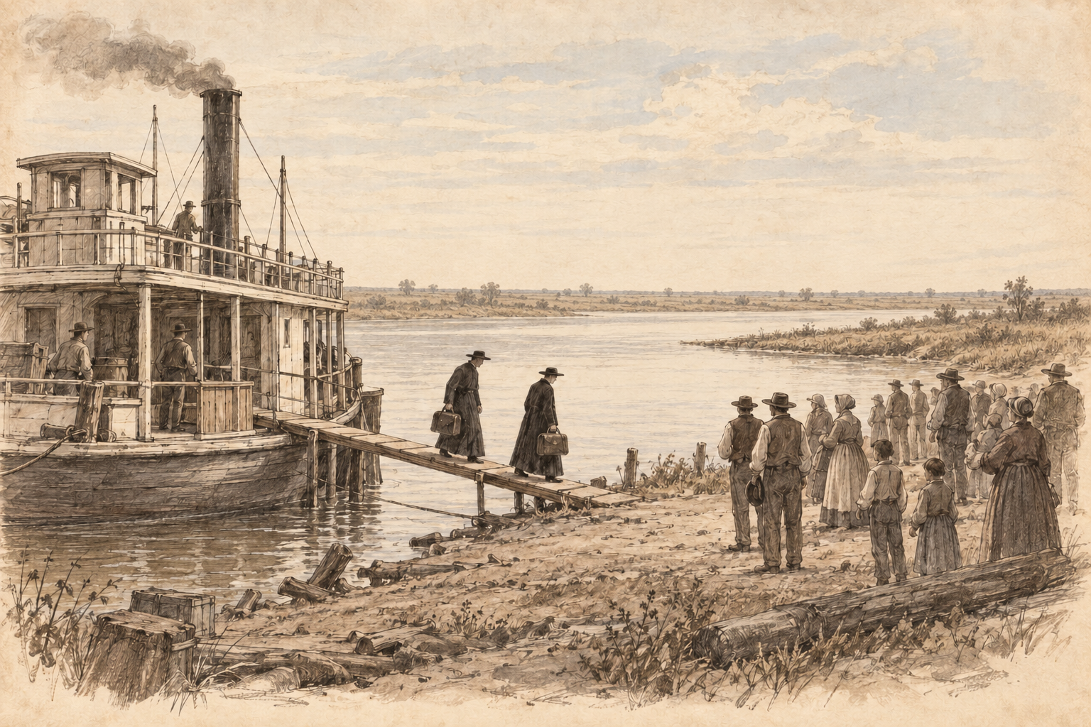 An AI generated representation of two priests in long black cloaks arriving on a prairie river bank from a steamboat.